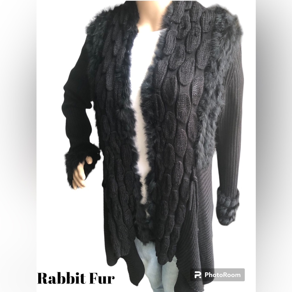 Sisters Black Rabbit Fur and Acrylic Cardigan